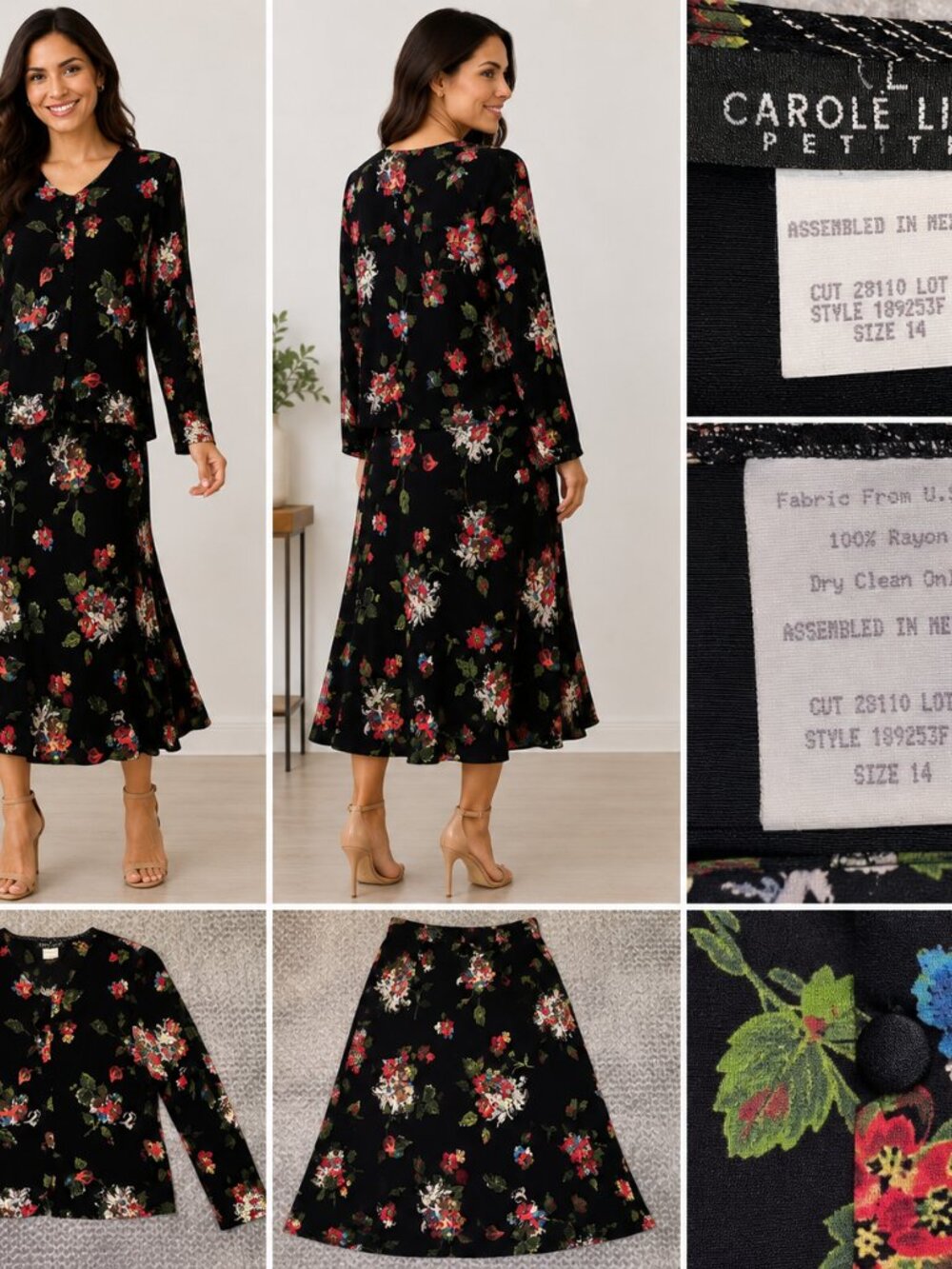 Vintage Carole Little Petites Black Floral 2 Piece Skirt Set Size 14